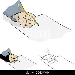 Human hand with pencil writing on blank paper vector illustration sketch doodle hand drawn with black lines isolated on white background Stock Vector