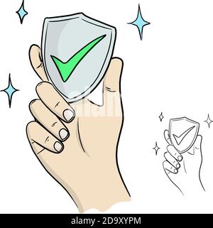 hand hold shield with green check mark vector illustration sketch doodle hand drawn isolated on white background Stock Vector