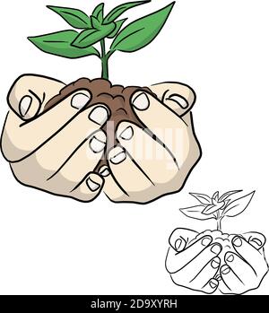 close-up front view of human holding green plant in hands vector illustration sketch doodle hand drawn with black lines isolated on white background. Stock Vector