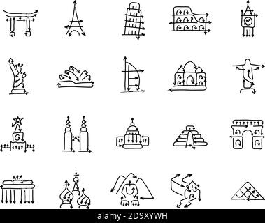 icon set of famous world landmarks signs made from arrow vector illustration sketch doodle hand drawn with black lines isolated on white background Stock Vector