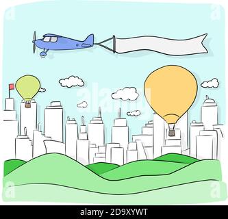 landscape background of city and mountains with retro airplane and blank sign in the blue sky vector illustration sketch doodle hand drawn with black Stock Vector