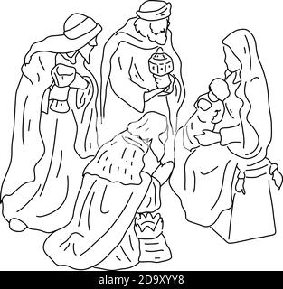 three wise men with Jesus and mary vector illustration sketch doodle hand drawn with black lines isolated on white background. Christmas holliday conc Stock Vector