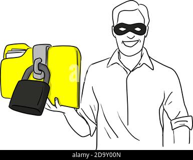 thief hacker virus dressed in dark mask stolen big yellow folder with lock vector illustration sketch doodle hand drawn isolated on white background Stock Vector