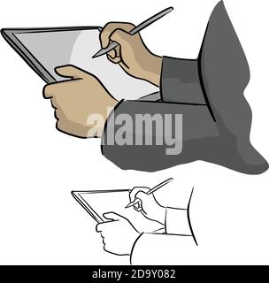 Close-up of hand working with stylus on digital tablet pc vector illustration sketch doodle hand drawn with black lines isolated on white background Stock Vector