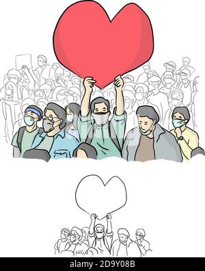 male activist holding big red heart sign over his head vector illustration sketch doodle hand drawn with black lines isolated on white background Stock Vector