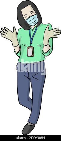 female officer wearing gloves and medical mask vector illustration sketch doodle hand drawn isolated on white background Stock Vector