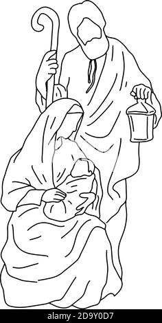 nativity scene of Joseph with cane and Mary holding baby Jesus vector illustration sketch doodle hand drawn with black lines isolated on white backgro Stock Vector