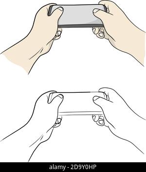 Hand holding smartphone like joystick vector illustration sketch doodle hand drawn with black lines isolated on white background Stock Vector