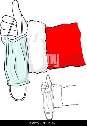 hand of Santa Claus with thump up sign holding medical mask to prevent Covid-19 virus vector illustration sketch doodle hand drawn with black lines is Stock Vector