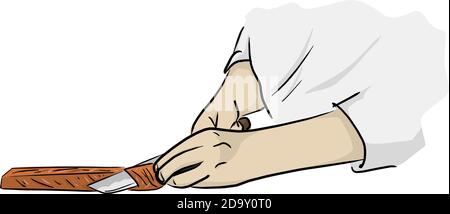 close-up on the hands of the Japanese sushi sashimi chef knife slice the raw tuna fish for cooking maki sushi vector illustration sketch doodle hand d Stock Vector