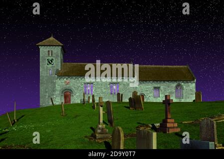 This fantasy, spooky church image is based on St John the Baptist's Church in Healaugh (North Yorkshire). Stock Photo