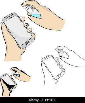 Closeup hands using spray alcohol sanitizer cleaning screen of smartphone to prevent Covid-19 virus and bacterias vector illustration sketch doodle ha Stock Vector