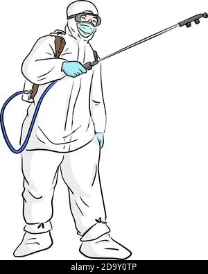 man in protective suit spraying disinfectant to cleaning and disinfect Covid-19 virus vector illustration sketch doodle hand drawn isolated on white b Stock Vector