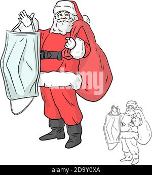 santa claus holding big medical mask to prevent Covid-19 virus vector illustration sketch doodle hand drawn with black lines isolated on white backgro Stock Vector