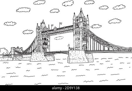 London Tower Bridge with clouds vector illustration sketch doodle hand drawn with black lines isolated on white background. European Landmark. Stock Vector