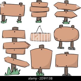 set of color wooden signboards vector illustration sketch doodle hand drawn with black lines isolated on white background Stock Vector