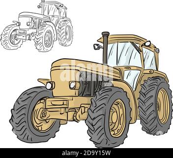 retro yellow tractor vector illustration sketch doodle hand drawn isolated on white background Stock Vector
