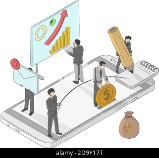 colorful five businesspeople using smartphone vector illustration sketch doodle hand drawn with black lines isolated on white background. technology c Stock Vector