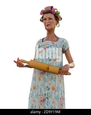 An angry senior woman, holding a rolling pin and threatening to hit someone with it, waiting for husband, 3d render. Stock Photo
