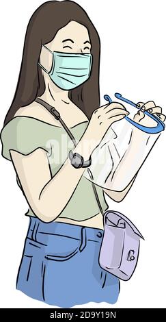 woman with surgical mask wearing face shield before going outside vector illustration sketch doodle hand drawn isolated on white background Stock Vector