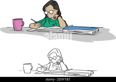 girl with glasses writing in notebook on table vector illustration sketch doodle hand drawn with black lines isolated on white background Stock Vector