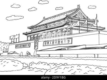 Gate of Heavenly Peace or Tian An Men in Tiananmen Square Beijing China vector illustration sketch doodle hand drawn with black lines isolated on whit Stock Vector