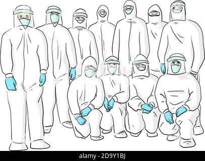 team of doctor in ppe suit vector illustration sketch doodle hand drawn isolated on white background Stock Vector