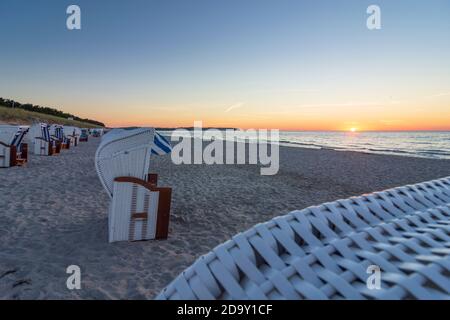 Mönchgut: beach 'Großer Strand' in Thiessow, vacant Strandkörbe (beach chairs), Baltic Sea, sunrise, Ostsee (Baltic Sea), Rügen Island, Mecklenburg-Vo Stock Photo