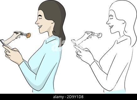 woman holding smartphone with hand and beauty brush on screen vector illustration sketch doodle hand drawn with black lines isolated on white backgrou Stock Vector