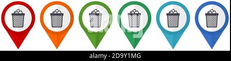 Trash, can vector pointers, set of colorful flat design icons isolated on white background Stock Vector