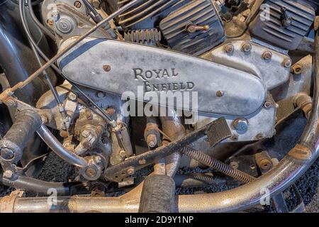 Close-up detail of the engine of a vintage Royal Enfield Bullet 350 classic motor cycle - 1930's British motor cycle. Stock Photo