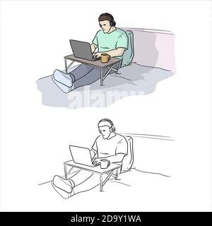male freelancer using laptop studying or doing network on bed in inside house with tea cup and wireless headphones vector illustration sketch doodle h Stock Vector