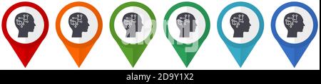 Human head, brain, human, circuit vector pointers, set of colorful flat design icons isolated on white background Stock Vector