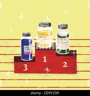 Race for a coronavirus Covid-19 vaccine. Health competition concept illustration like an Olympic podium. Stock Photo