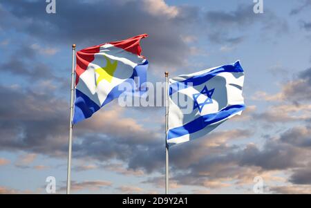 Beautiful national state flags of Saba and Abkhazia together at the sky ...