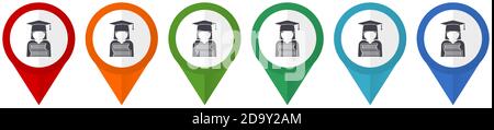 Student, books education, knowledge vector pointers, set of colorful flat design icons isolated on white background Stock Vector