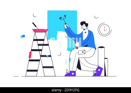 Concept, the guy makes repairs and paints the walls Stock Vector
