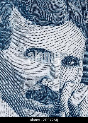 Nikola Tesla partrait on Serbia 100 dinars banknote extreme macro, Serbian money closeup Stock Photo