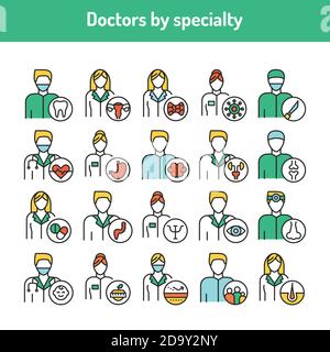 Doctors by specialty color line icons set. Subject matter experts. Stock Vector
