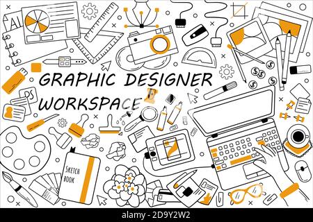 Graphic designer workspace doodle set Stock Vector
