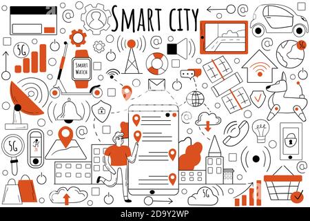 Smart city doodle set Stock Vector