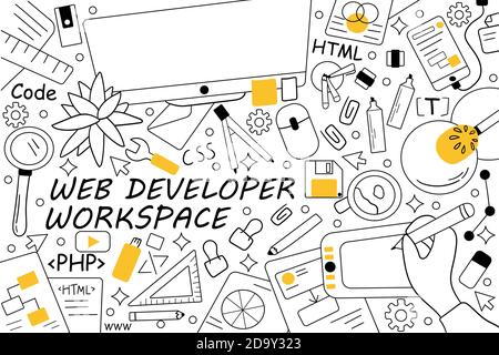 Web developer workspace doodle set Stock Vector