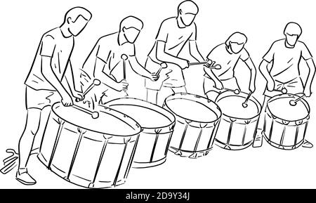 five teenagers playing marching drum vector illustration sketch doodle hand drawn with black lines isolated on white background. Teamwork concept. Stock Vector