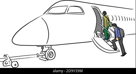 people walking on ladder of airplane vector illustration sketch doodle hand drawn with black lines isolated on white background Stock Vector