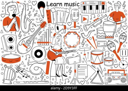 Learn music doodle set Stock Vector