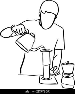 arista pouring fresh coffee through filter in modern cafe vector illustration sketch doodle hand drawn with black lines isolated on white background Stock Vector