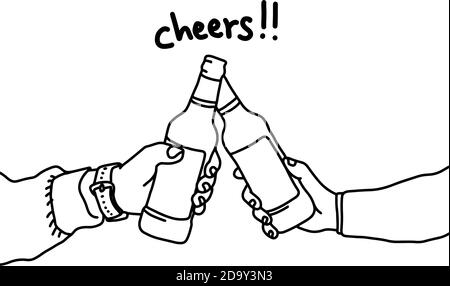 Two hands holding two beer bottles vector illustration sketch doodle hand drawn with black lines isolated on white background. Toasting. Stock Vector