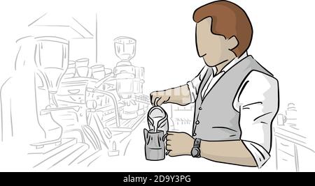 male barista working in coffee shop vector illustration with black lines isolated on white background Stock Vector
