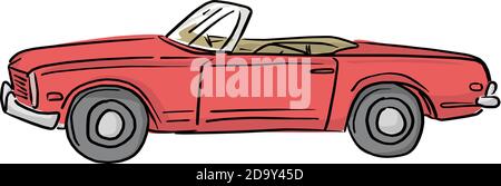 red retro convertible car vector illustration with black lines isolated on white background Stock Vector