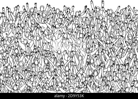 crowd of people raising their hands up cheering on stadium vector illustration sketch doodle hand drawn with black lines isolated on white background. Stock Vector